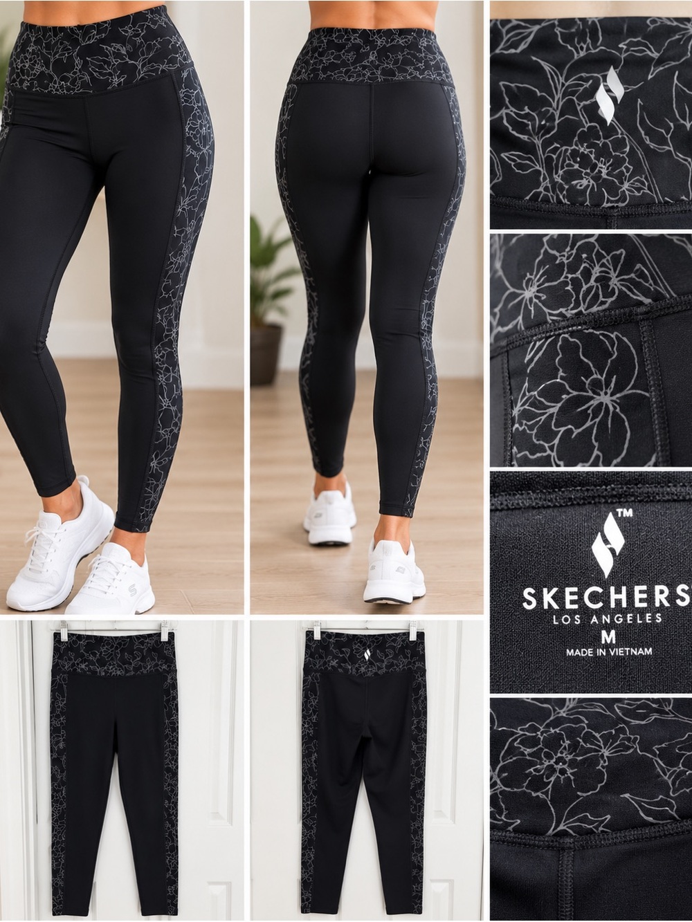 Skechers Women’s Floral High Waisted Leggings Black Gray Size Medium